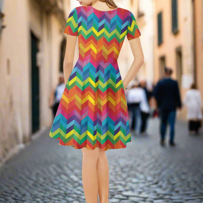 Rainbow Chevron Women V-Neck Short Sleeve Ruffle Dress