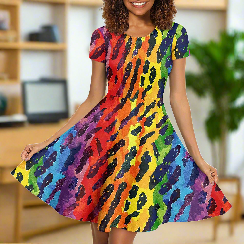 Women Scoop Neck Short Sleeve Ruffle Dress