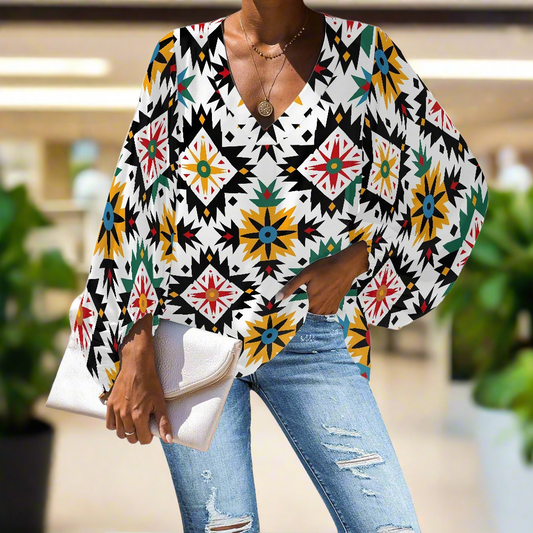 Navajo Geometric pattern V-Neck Chiffon Puff Sleeve Blouse by Luxtrini