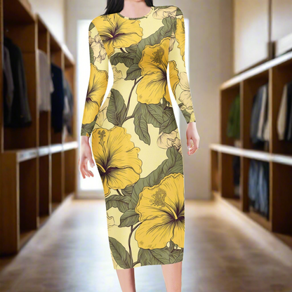 Yellow Hibiscus Women Bodycon Midi Sheath Dress