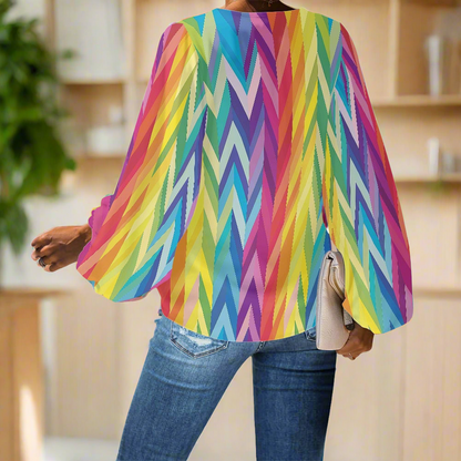 Rainbow Chevrons LGBTQ V-Neck Chiffon Puff Sleeve Blouse by Luxtrini