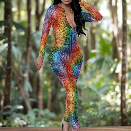 Unique Ostrich Skin pattern Rainbow Pride Women's Plunging Neck Jumpsuit