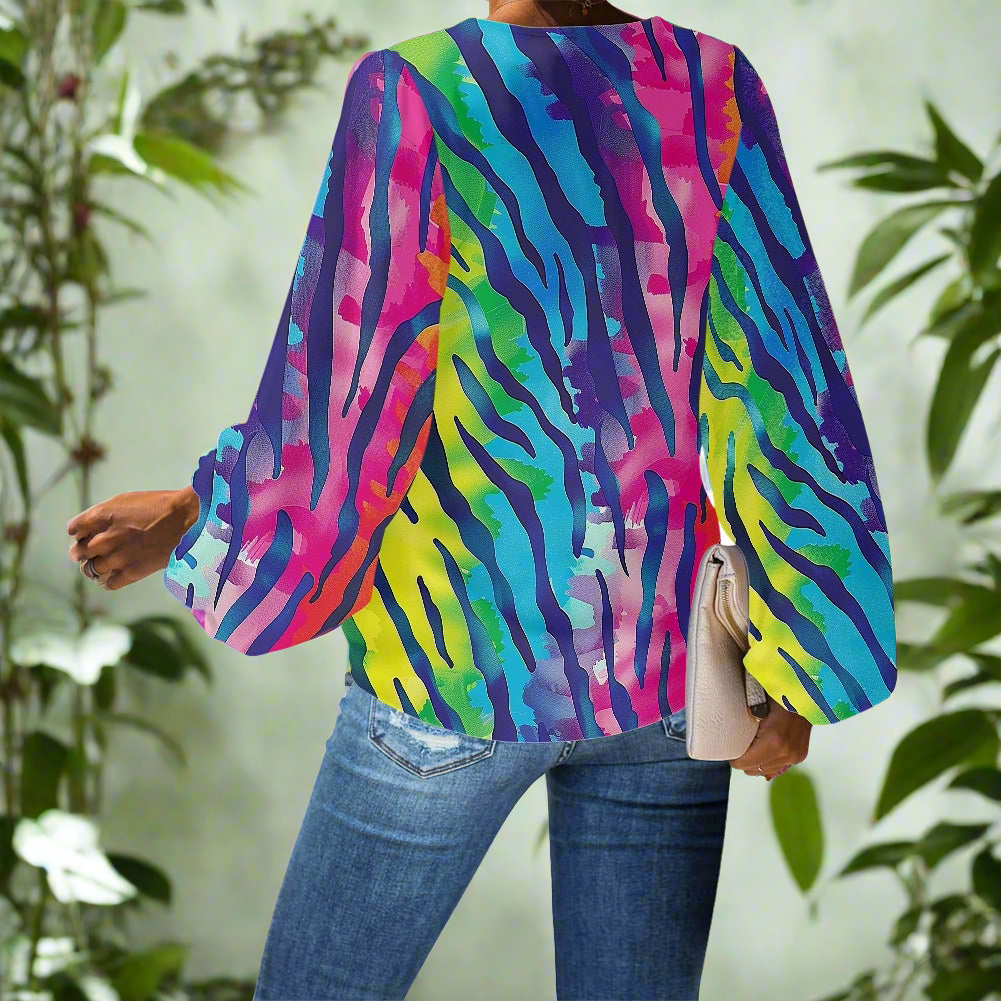 V-Neck Chiffon Puff Sleeve Blouse with Rainbow Animal Prints – Bold and Stylish by Luxtrini