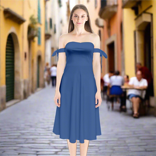 Shoulder Tie Bardot Midi Dress Classic Blue