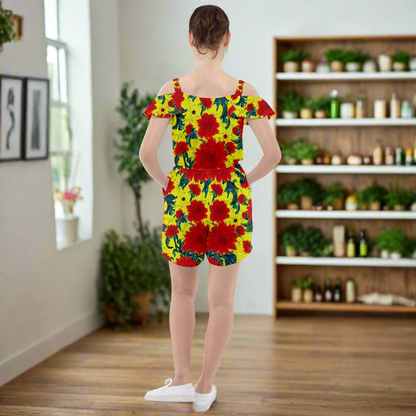 Red Flowers on Yellow Ruffle Cut Out Chiffon Playsuit