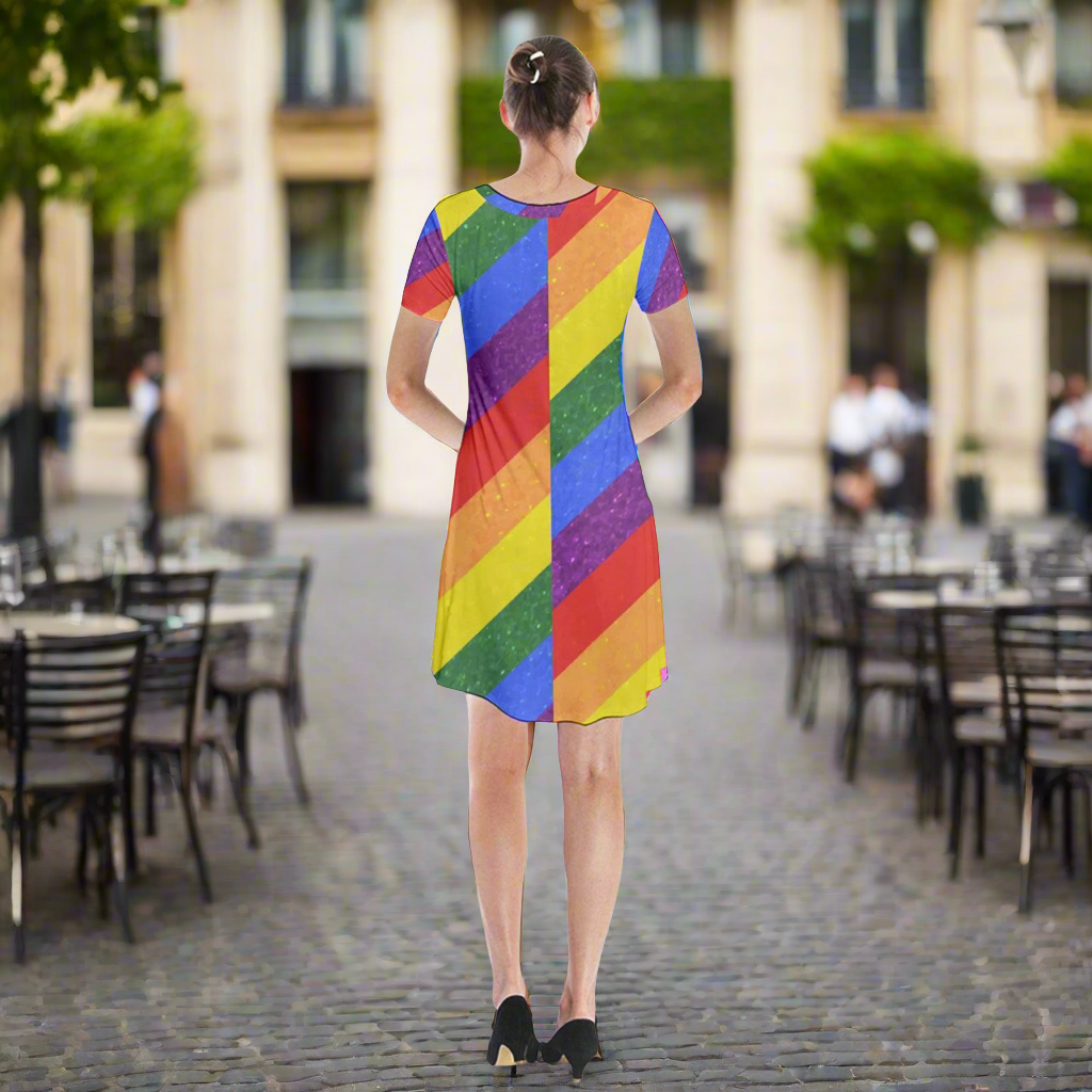 LGBTQ Short Sleeve V-neck Flare Dress - Rainbow Pride