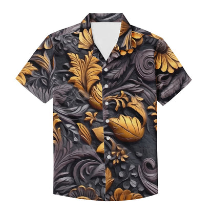 Gold Flowers Woodcut Men's Casual Shirt