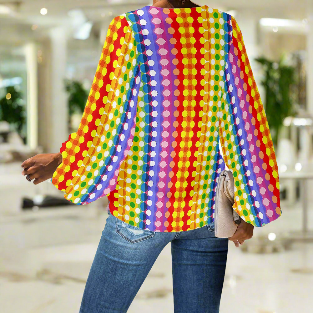 Polka Dot Rainbow Stripes V-Neck Chiffon Puff Sleeve Blouse by Luxtrini