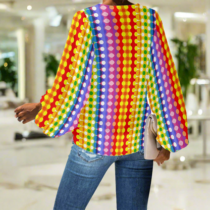 Polka Dot Rainbow Stripes V-Neck Chiffon Puff Sleeve Blouse by Luxtrini