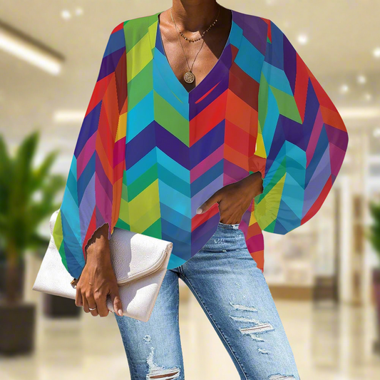 Rainbow Chevrons V-Neck Chiffon Puff Sleeve Blouse by Luxtrini