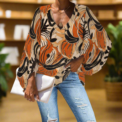 African Ethnic Floral pattern V-Neck Chiffon Puff Sleeve Blouse by Luxtrini