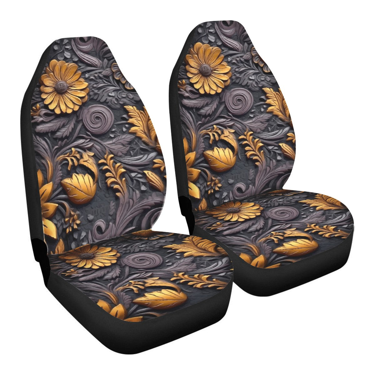 Gold Flowers Woodcut Car Seat Covers - Thin version