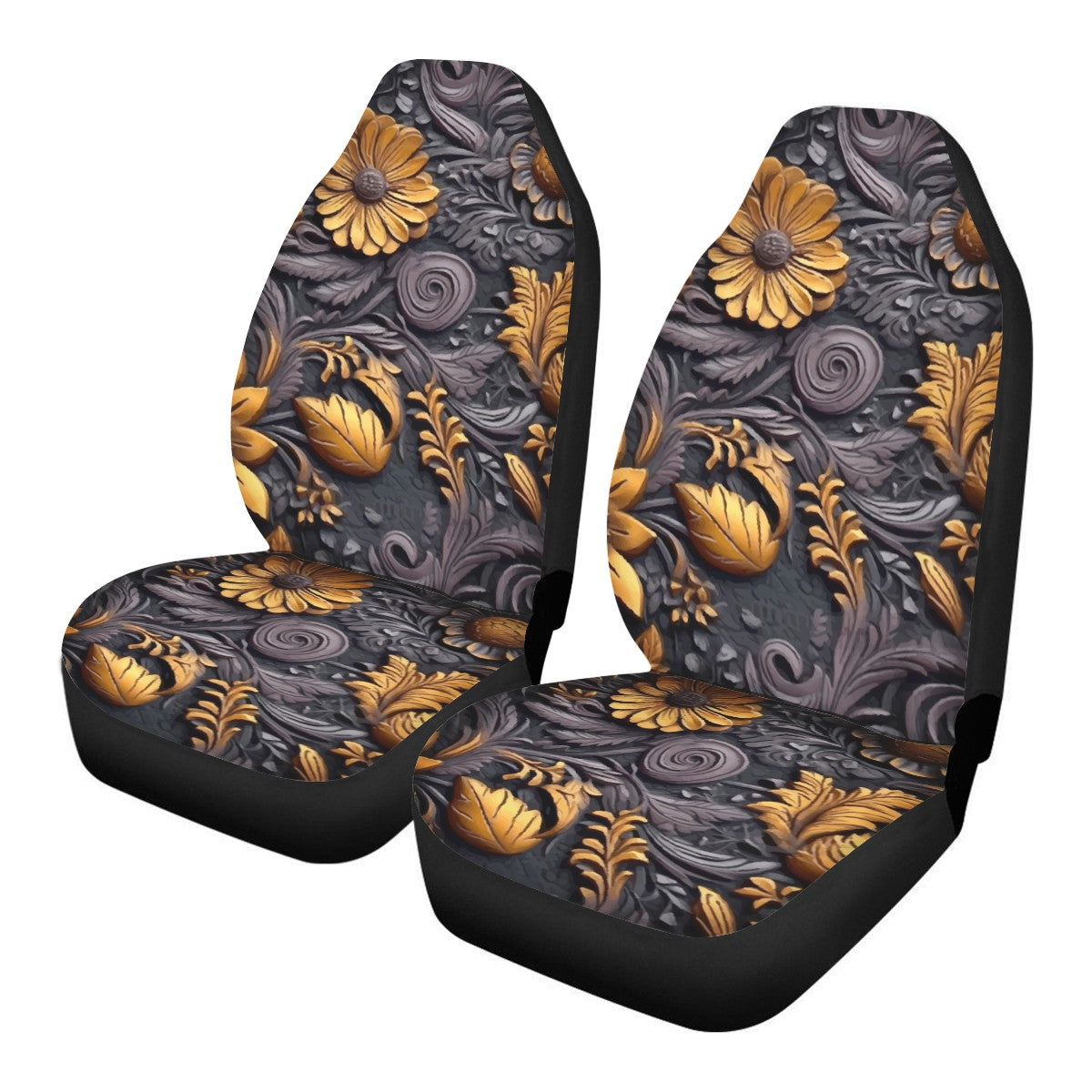 Gold Flowers Woodcut Car Seat Covers - Thin version