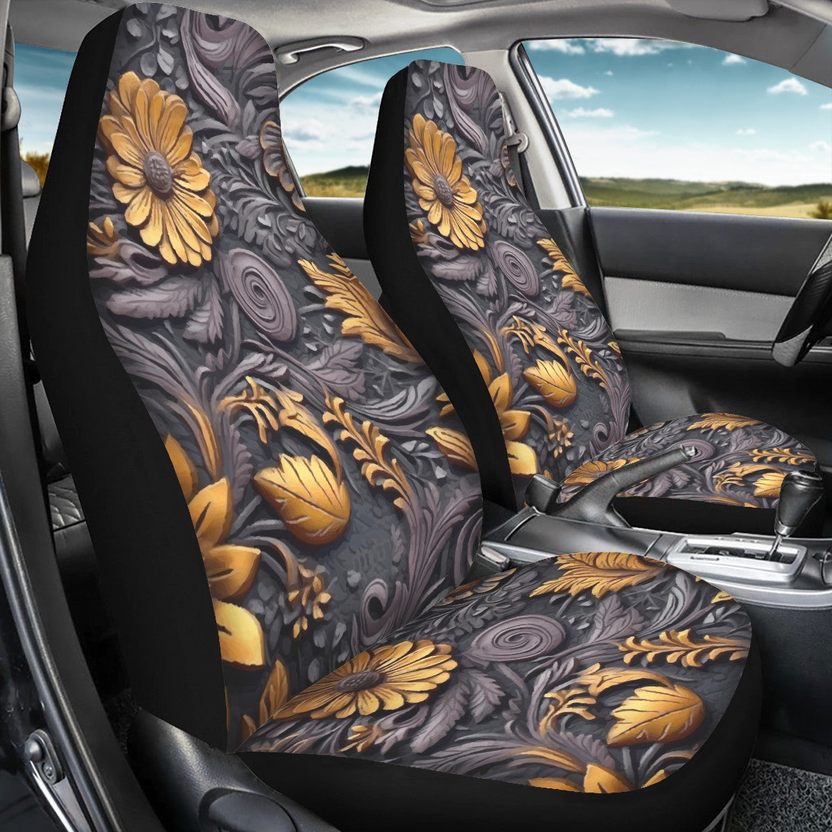 Gold Flowers Woodcut Car Seat Covers - Thin version