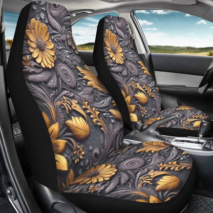 Gold Flowers Woodcut Car Seat Covers - Thin version