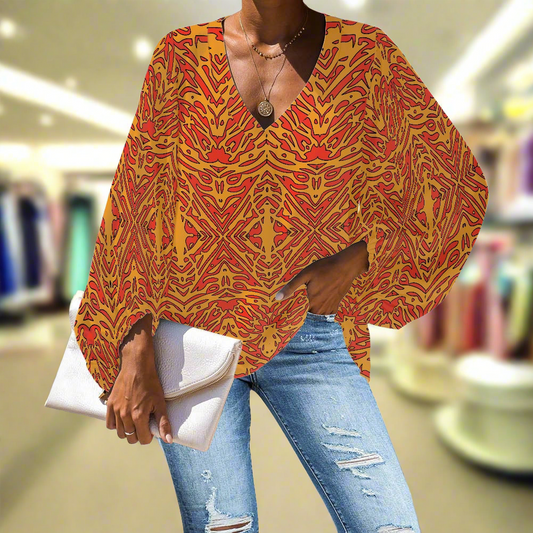 Orange Abstraction V-Neck Chiffon Puff Sleeve Blouse by Luxtrini