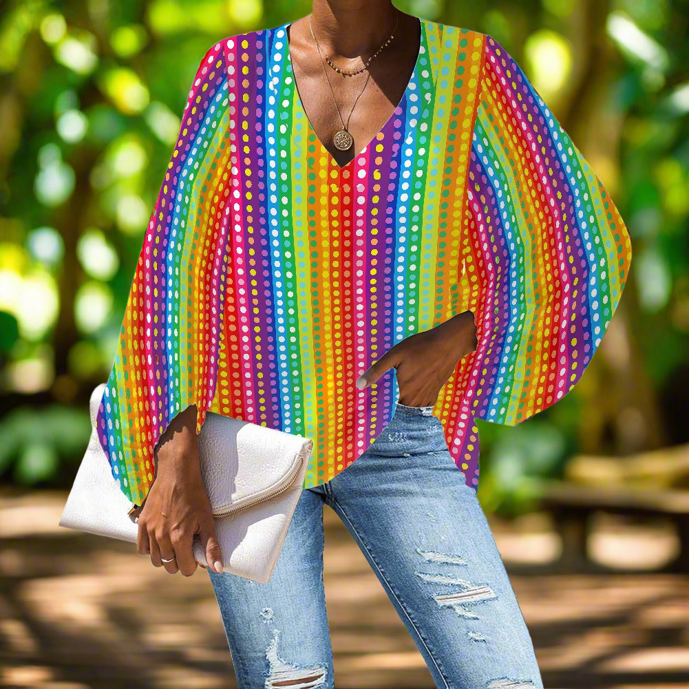 Rainbow Stripes with colored polka dots V-Neck Chiffon Puff Sleeve Blouse by Luxtrini