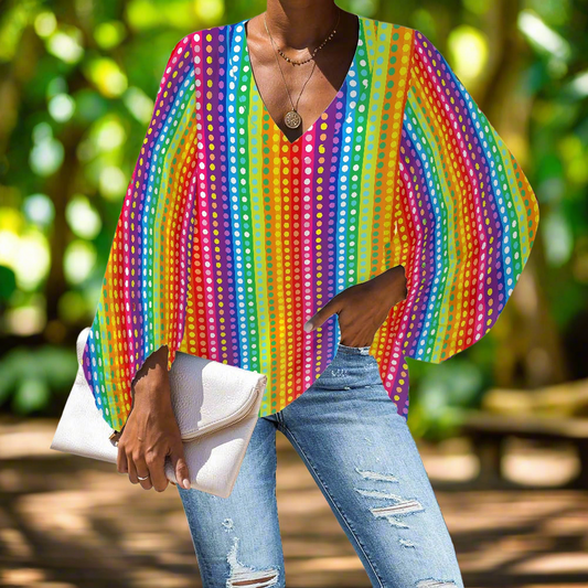 Rainbow Stripes with colored polka dots V-Neck Chiffon Puff Sleeve Blouse by Luxtrini