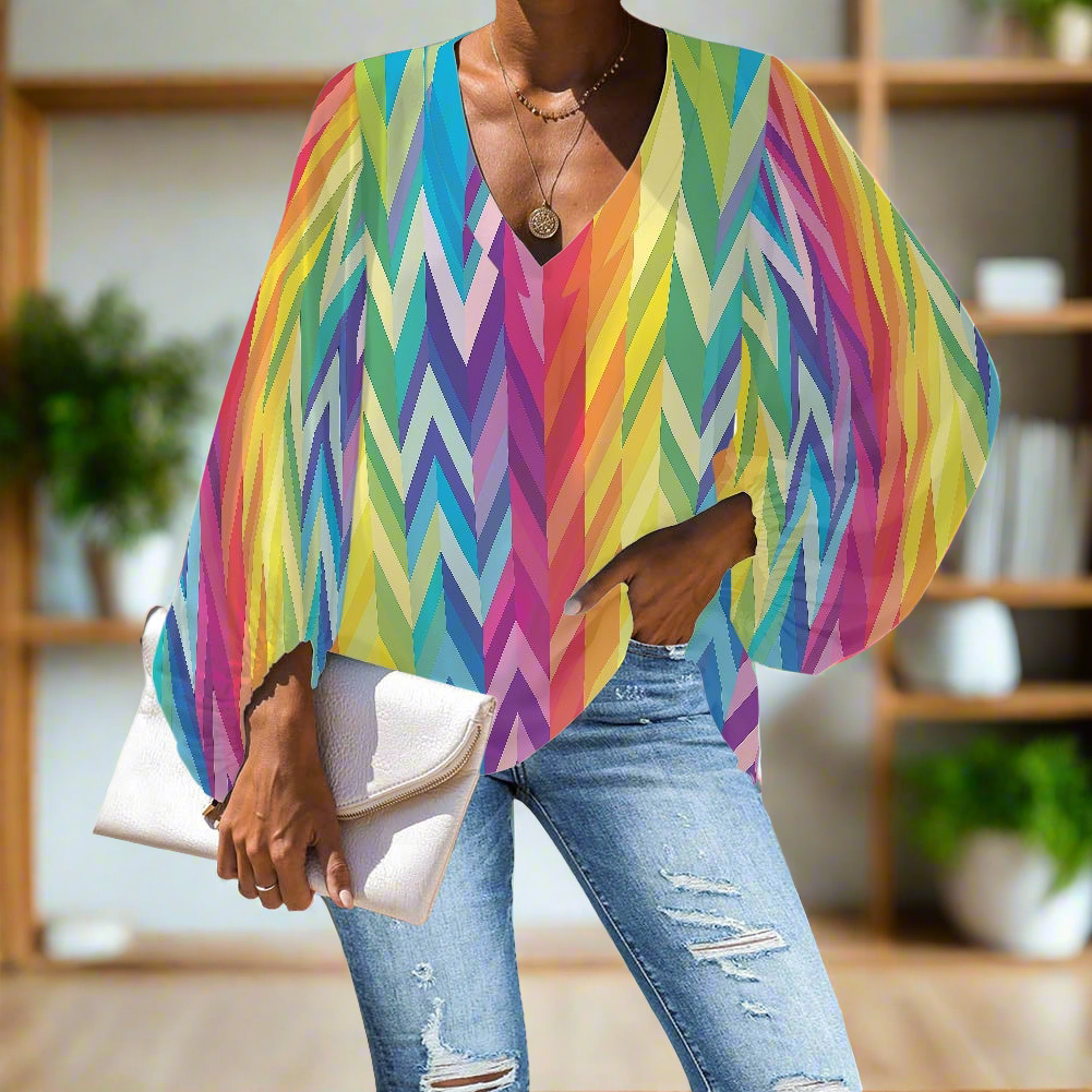 Rainbow Chevrons LGBTQ V-Neck Chiffon Puff Sleeve Blouse by Luxtrini