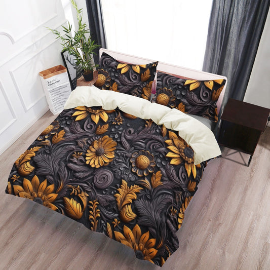 Gold Flowers Woodcut 3 Pcs Beddings