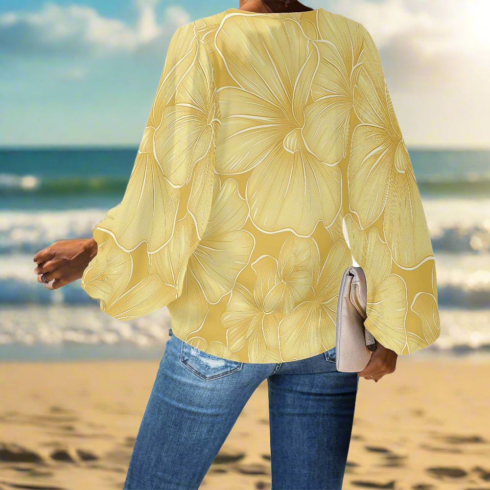 Elegant Hawaiian Floral V-Neck Chiffon Puff Sleeve Blouse by Luxtrini