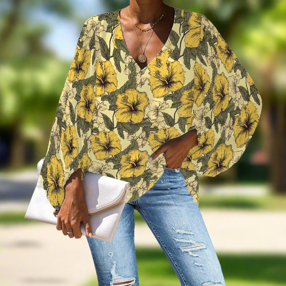 Tropical Yellow Hibiscus V-Neck Chiffon Puff Sleeve Blouse by Luxtrini