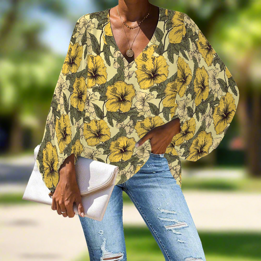 Tropical Yellow Hibiscus V-Neck Chiffon Puff Sleeve Blouse by Luxtrini