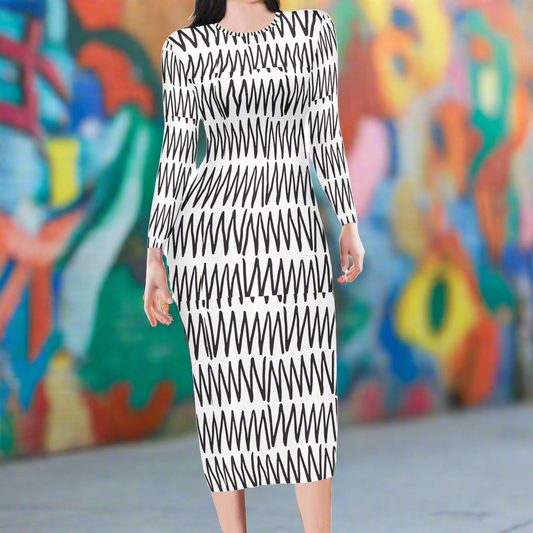 African Mudcloth White and Black Women Bodycon Midi Sheath Dress