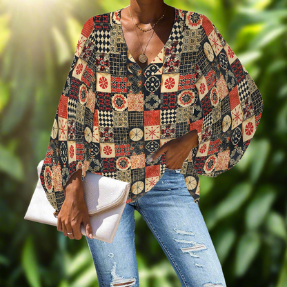 V-Neck Chiffon Puff Sleeve Blouse with Ethnic and Cultural Patterns – Stylish and Comfortable by Luxtrini