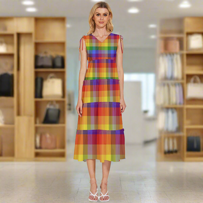 Rainbow Plaid V-Neck Drawstring Shoulder Sleeveless Maxi Dress