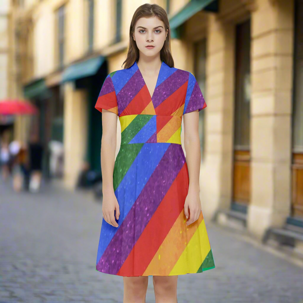 LGBTQ Short Sleeve Waist Detail Dress - Rainbow Pride