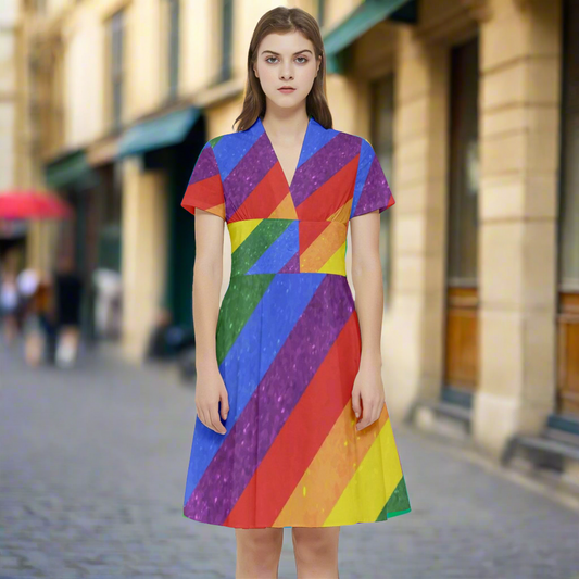 LGBTQ Short Sleeve Waist Detail Dress - Rainbow Pride