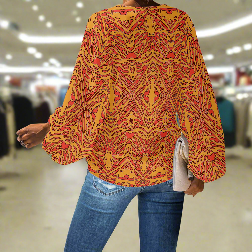 Orange Abstraction V-Neck Chiffon Puff Sleeve Blouse by Luxtrini