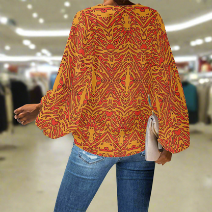 Orange Abstraction V-Neck Chiffon Puff Sleeve Blouse by Luxtrini