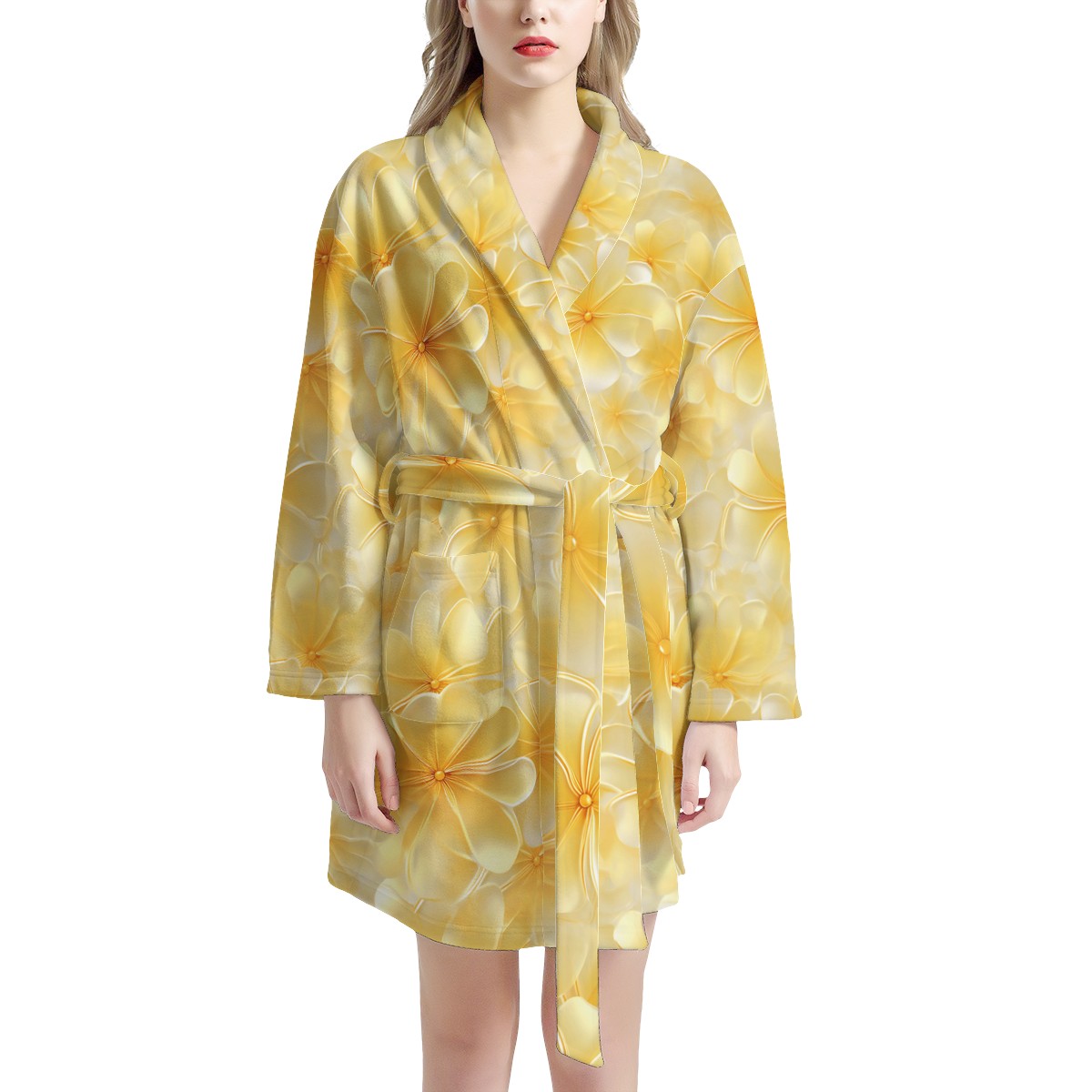 Luxtrini Yellow Plumeria Women’s Bathrobe – Soft, Lightweight & Breathable Lounge Robe with Pockets Women ONESIZE