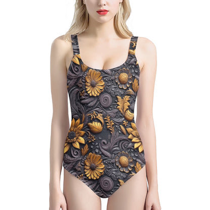 Gold Flowers Woodcut Women's One-Piece Halterneck Swimsuit