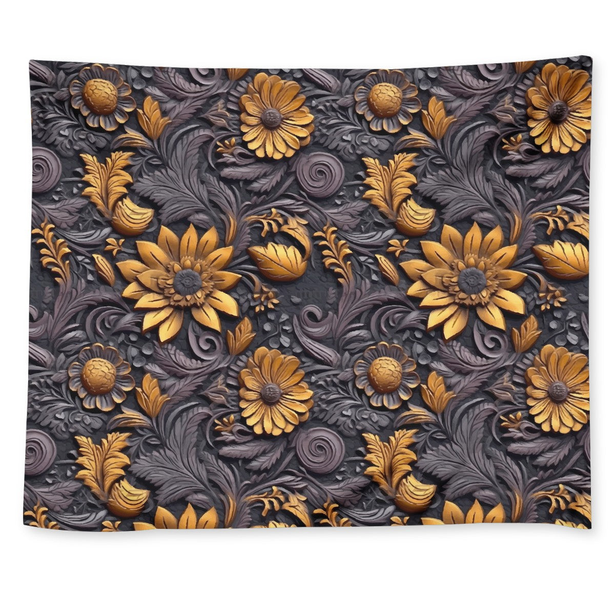 Gold Flowers Woodcut Wall Tapestry