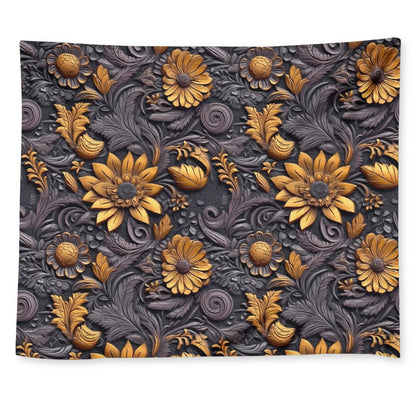 Gold Flowers Woodcut Wall Tapestry
