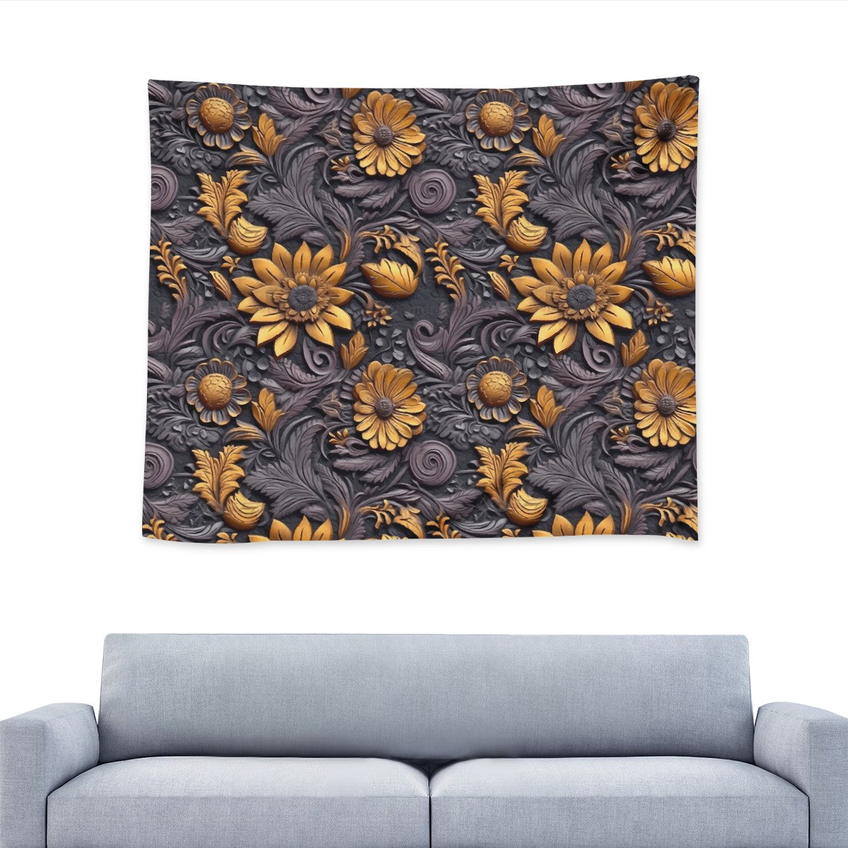 Gold Flowers Woodcut Wall Tapestry