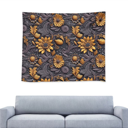 Gold Flowers Woodcut Wall Tapestry