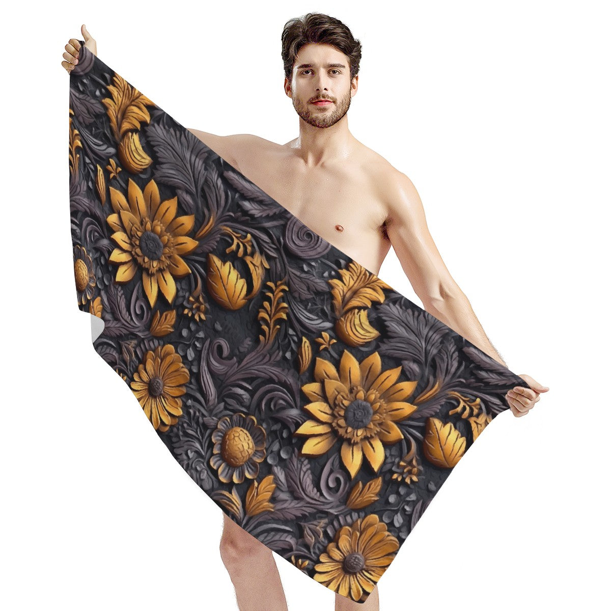 Gold Flowers Woodcut Bath Towel