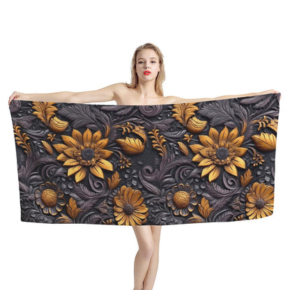 Gold Flowers Woodcut Bath Towel