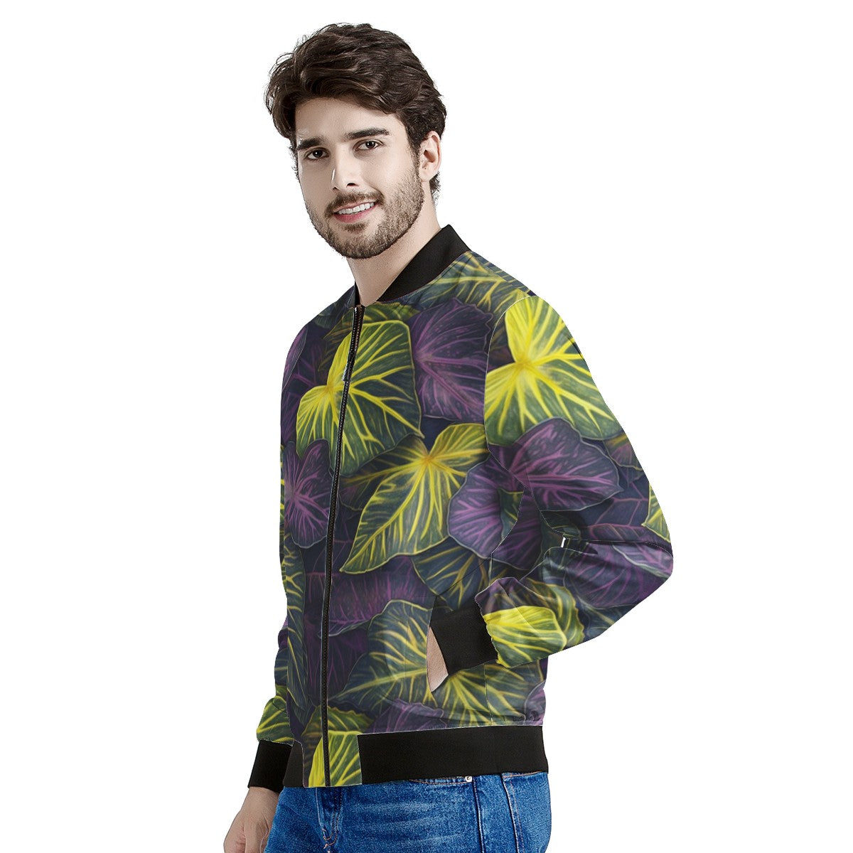 Luxtrini Iridescent Syngonium: Purple and Yellow Men's Bomber Jacket