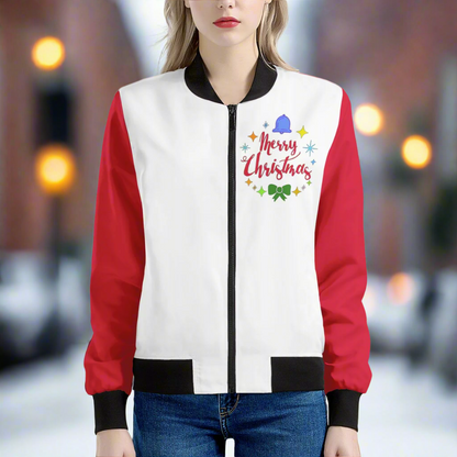 Merry Christmas Women’s Bomber Jacket – Red Accents & Premium Handmade Quality