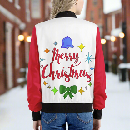 Merry Christmas Women’s Bomber Jacket – Red Accents & Premium Handmade Quality