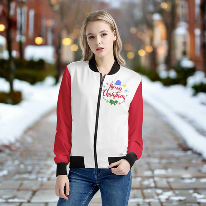 Merry Christmas Women’s Bomber Jacket – Red Accents & Premium Handmade Quality