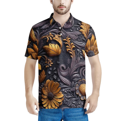 Gold Flowers Woodcut Men's All Over Print Polo Shirt