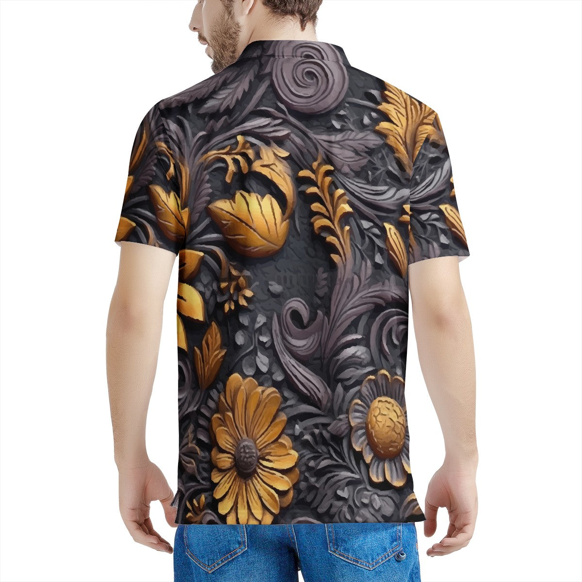 Gold Flowers Woodcut Men's All Over Print Polo Shirt