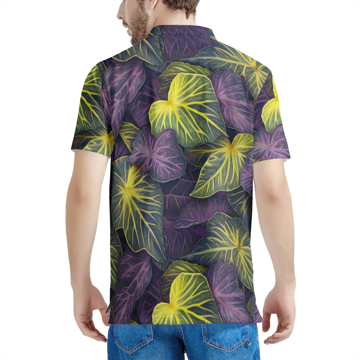 Luxtrini Iridescent Syngonium: Purple and Yellow Men's All Over Print Polo Shirt