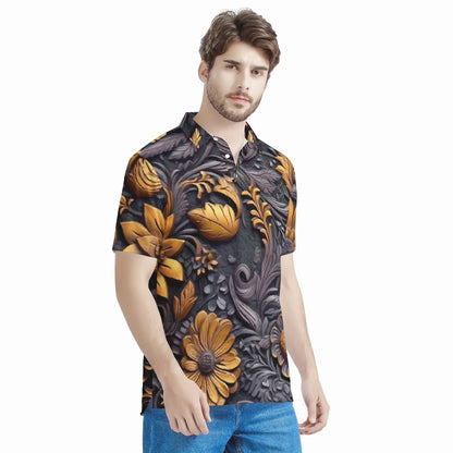 Gold Flowers Woodcut Men's All Over Print Polo Shirt